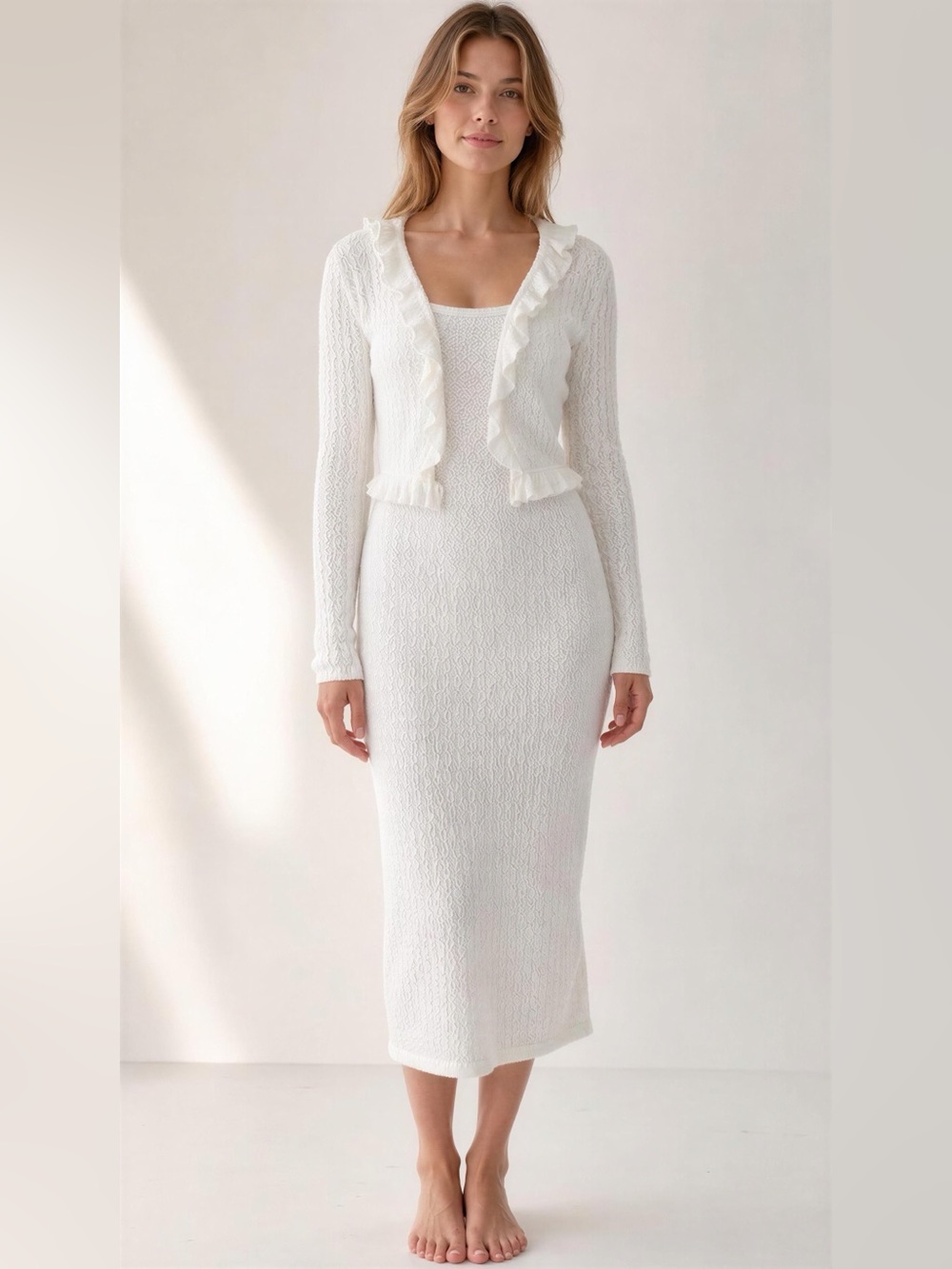 Willow & Wind  dress and White Ruffle Knit Cardigan Set Size Small